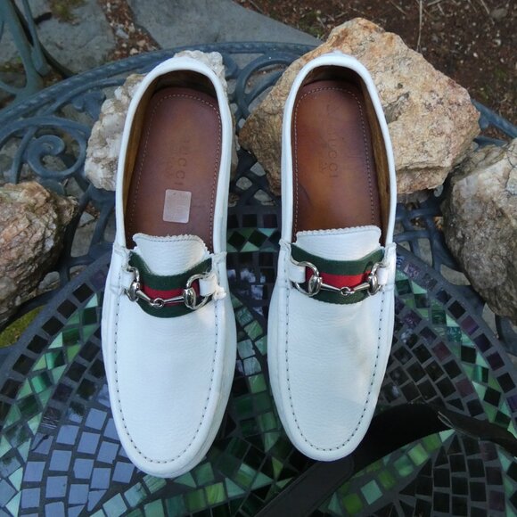 Gucci Men's Loafers Drivers White Size 10 Web Stripe Horsebit Tayma Goat Leather - Picture 3 of 11